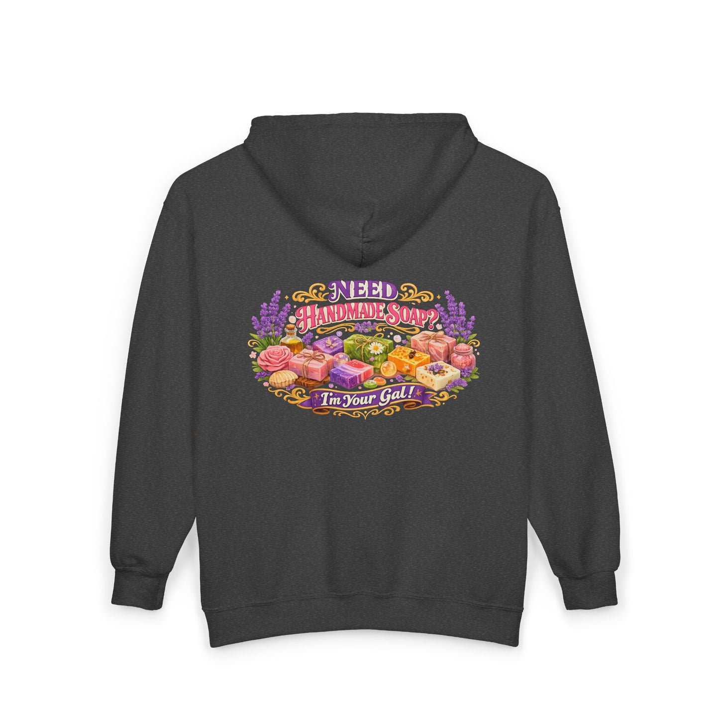 A grey hoodie displays an oval design advertising colorful handmade soap surrounded by lavender and roses.