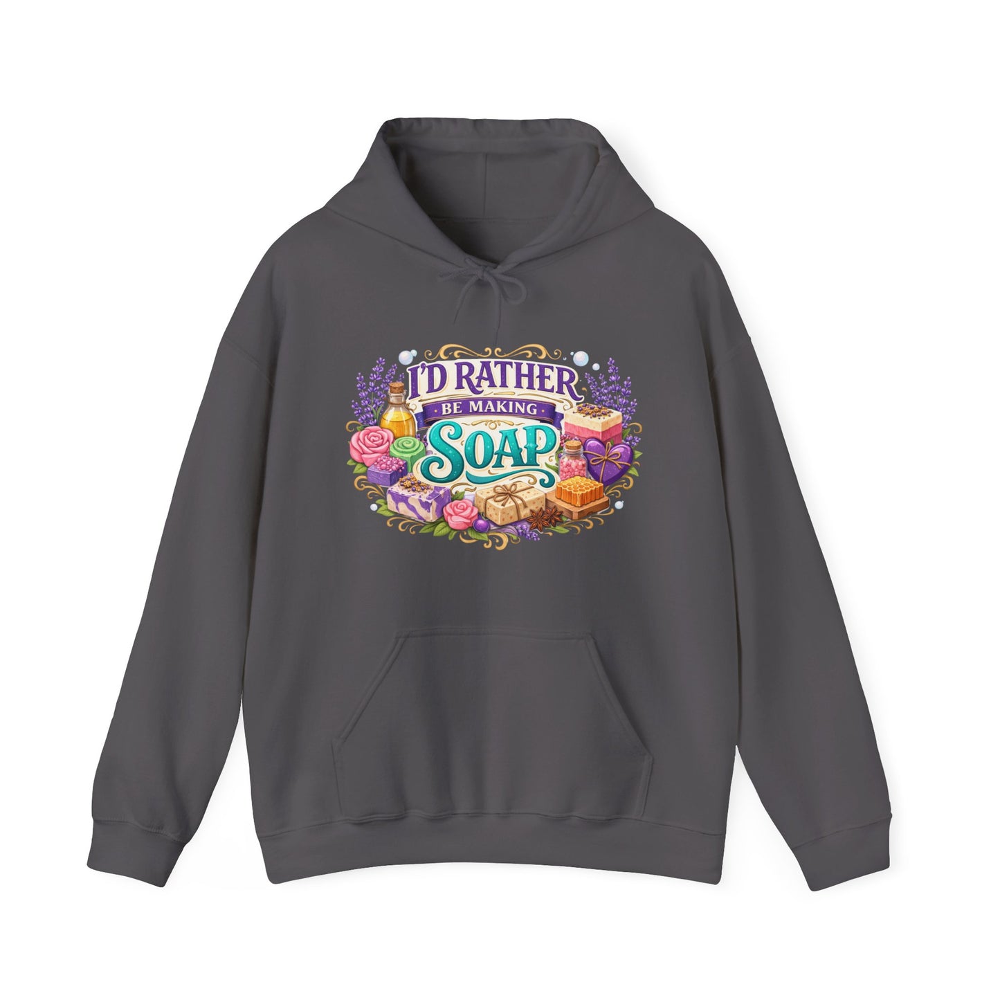 Dark heather grey colored hoodie with soap illustrations that says I’d rather be making soap