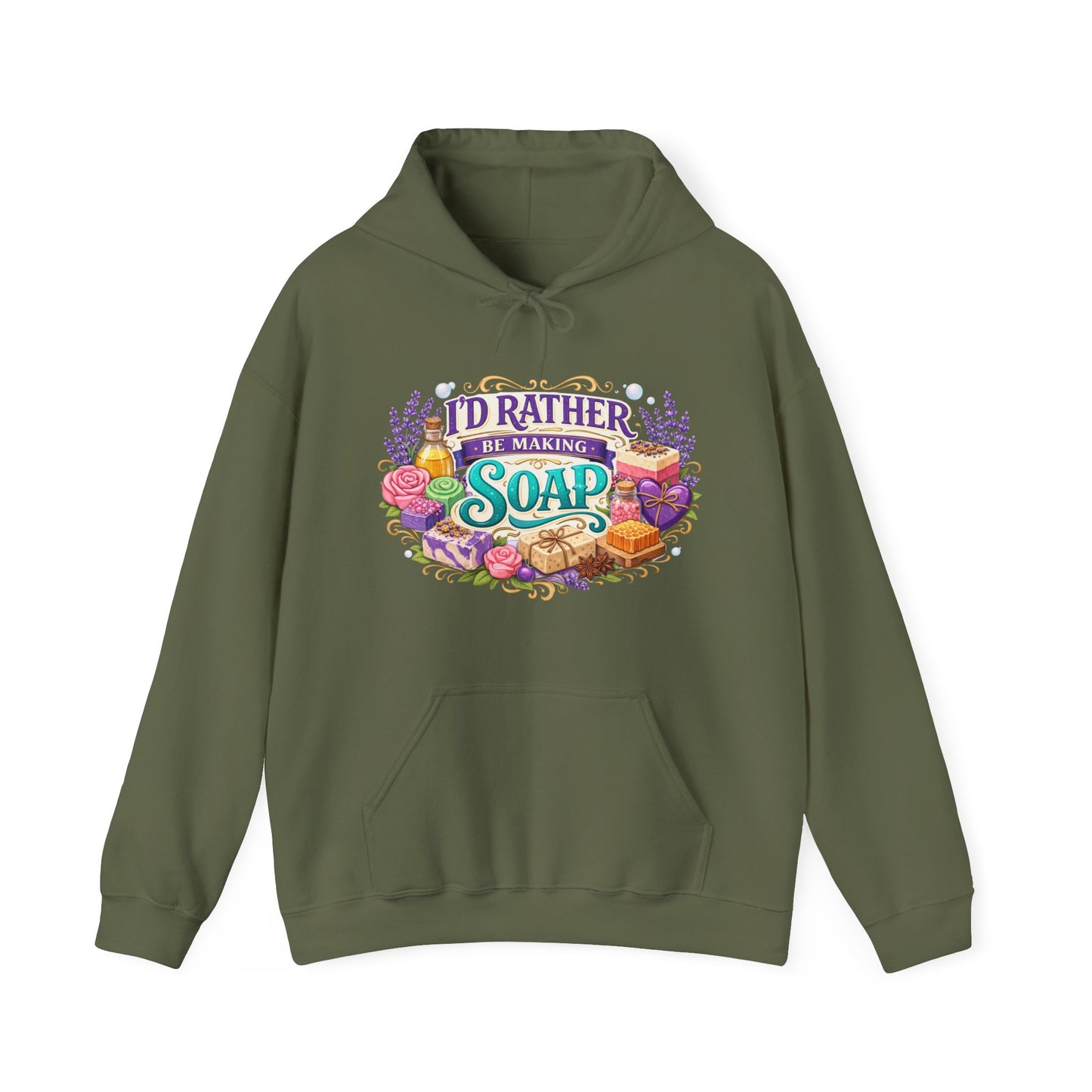 Green colored hoodie with soap illustrations that says I’d rather be making soap