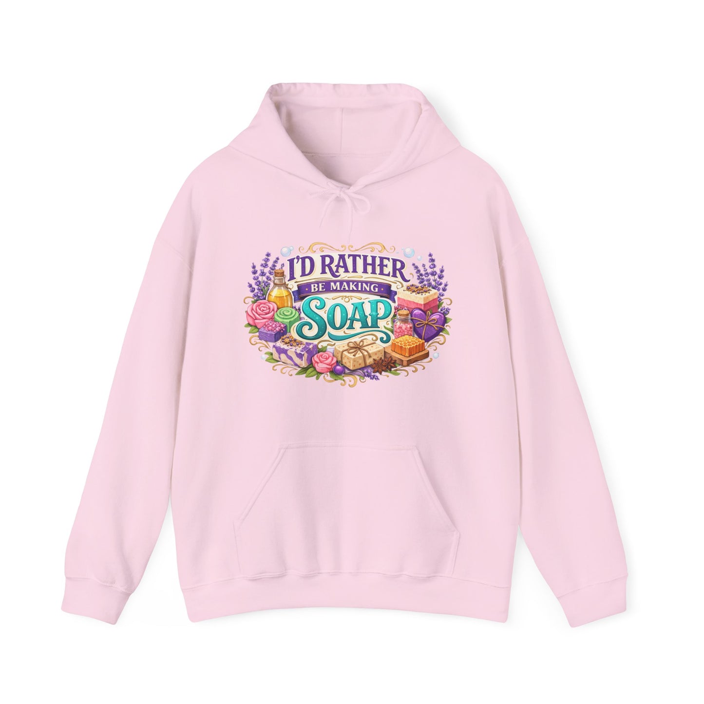 Light pink colored hoodie with soap illustrations that says I’d rather be making soap