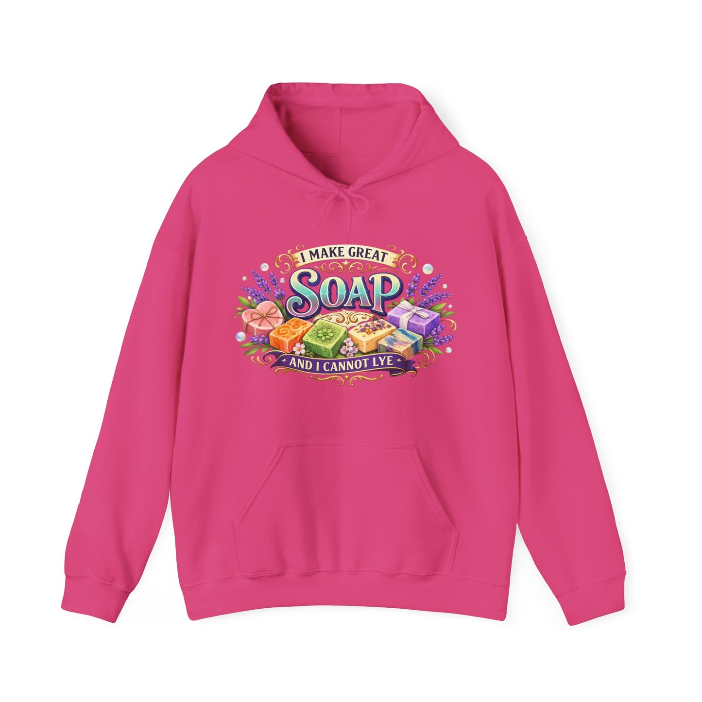 Fuchia pink colored hoodie with soap illustrations that says I make great soap and I cannot lye