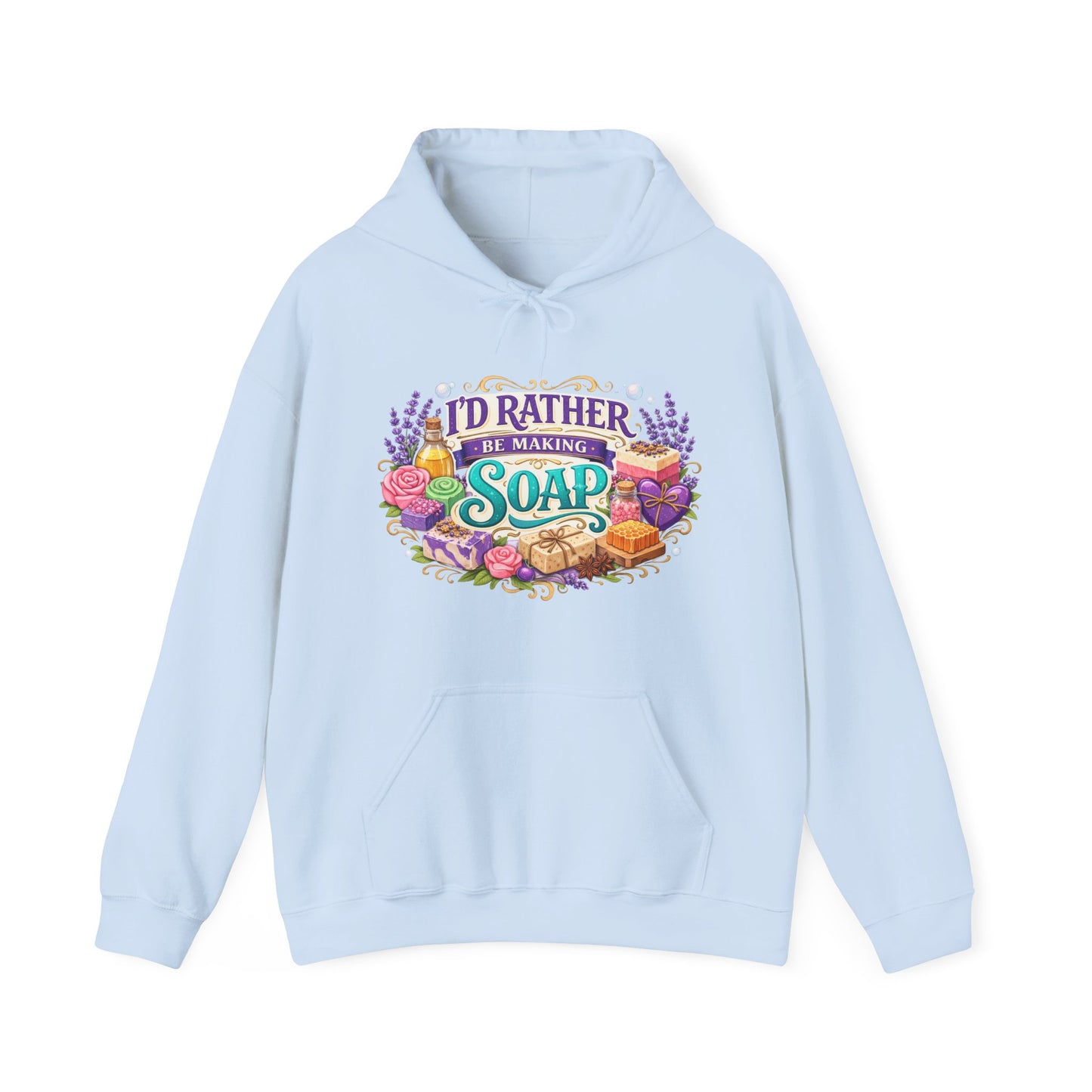 Light blue colored hoodie with soap illustrations that says I’d rather be making soap