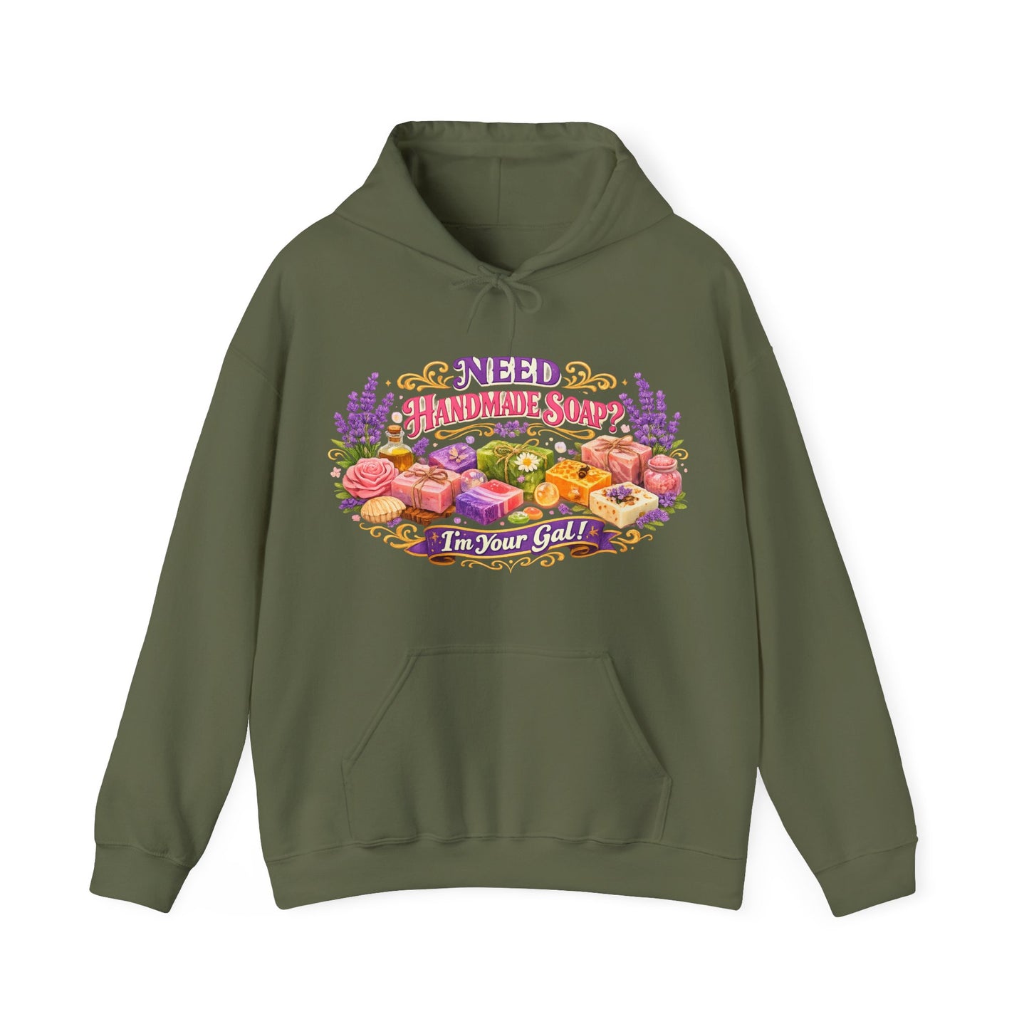 Olive green hoodie features a colorful graphic advertising handmade soap with lavender, rose, and shell accents.
