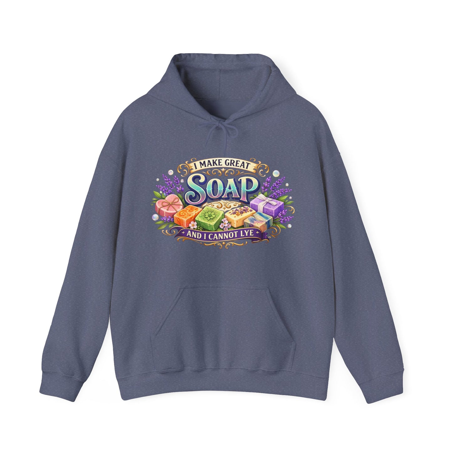 Heather navy colored hoodie with soap illustrations that says I make great soap and I cannot lye