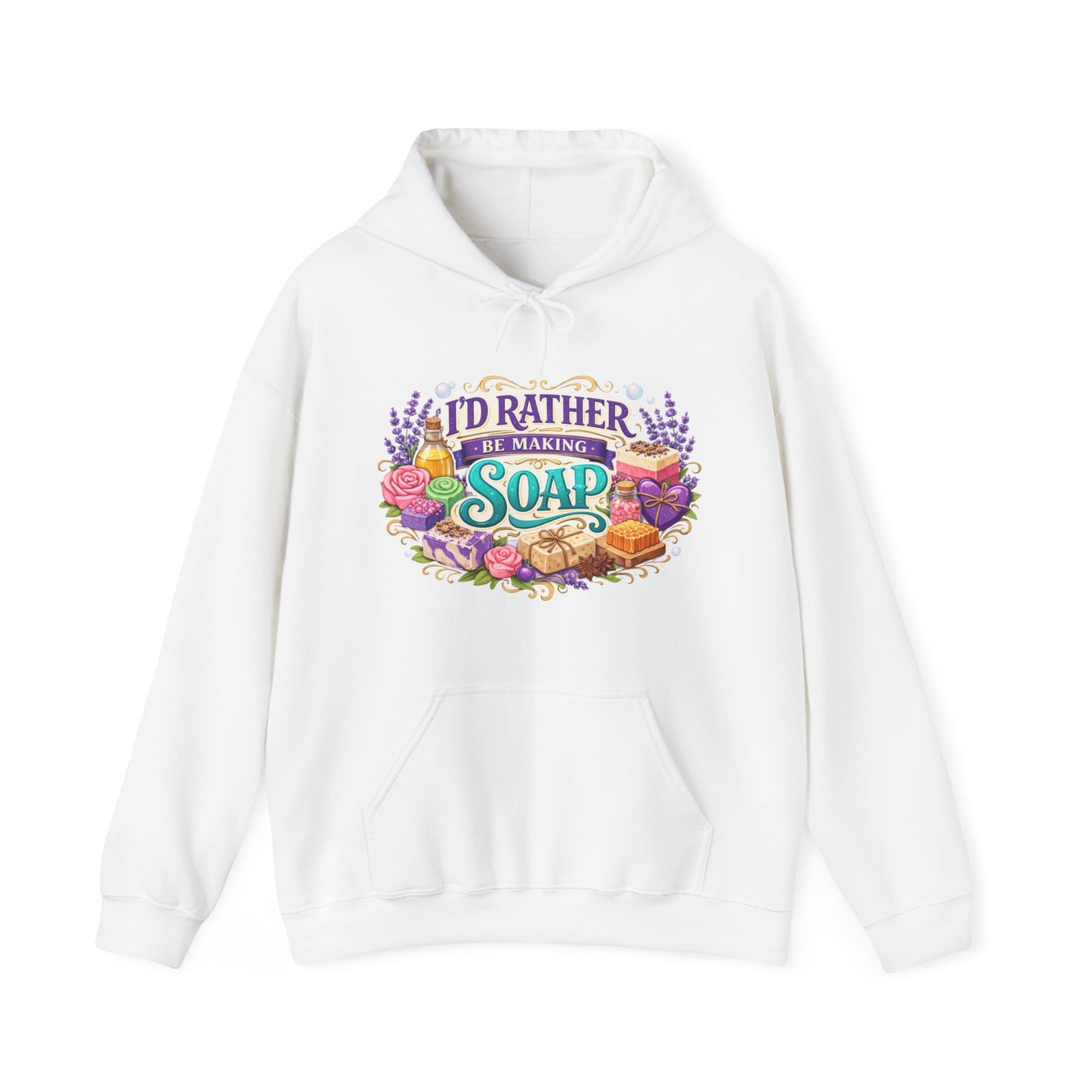 White colored hoodie with soap illustrations that says I’d rather be making soap