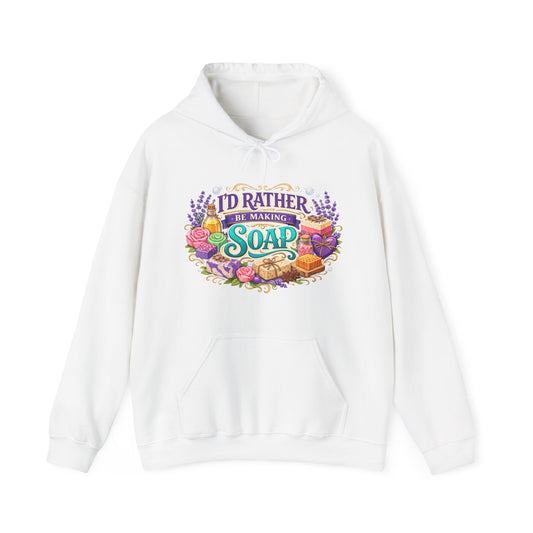 White colored hoodie with soap illustrations that says I’d rather be making soap