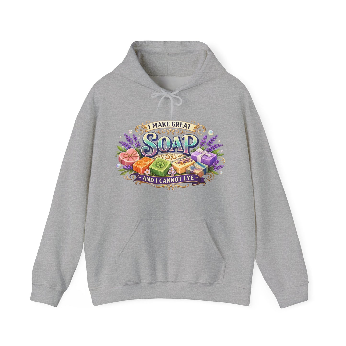 Sports grey colored hoodie with soap illustrations that says I make great soap and I cannot lye