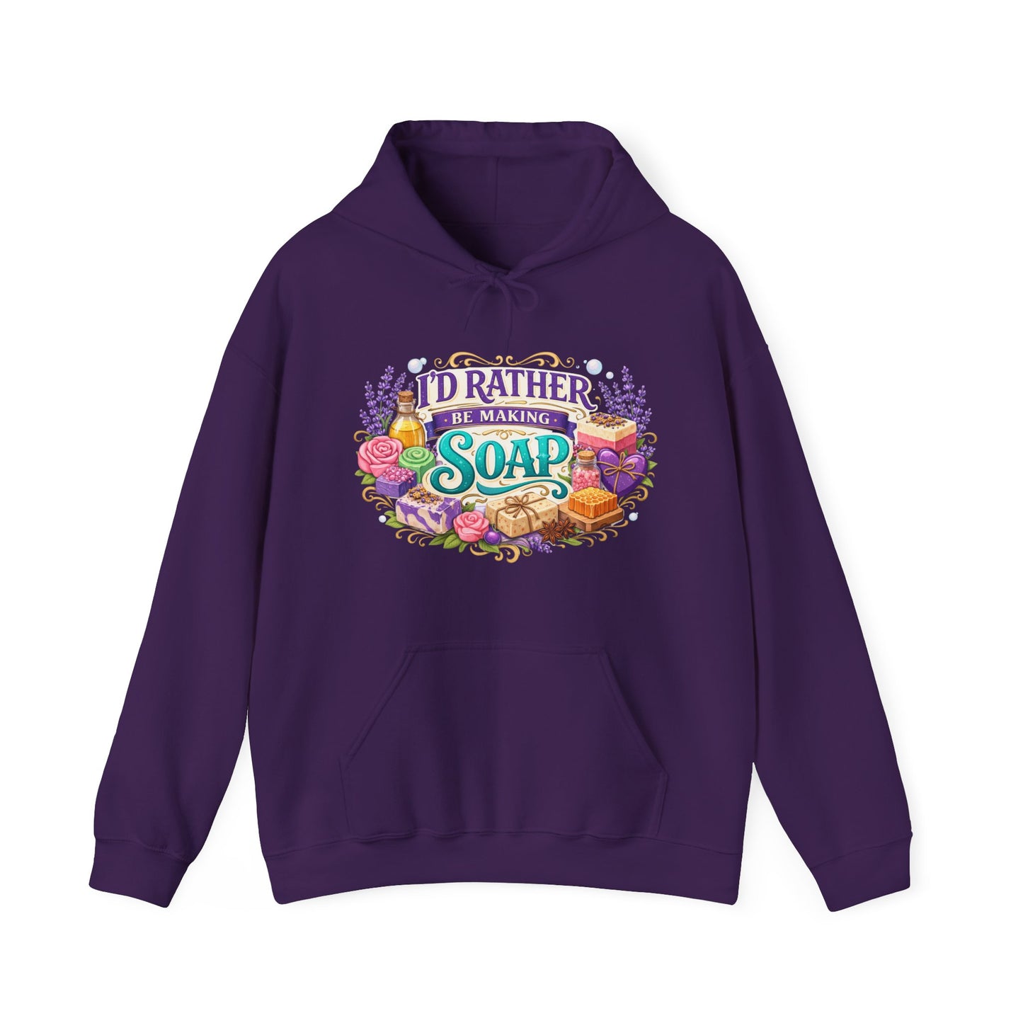 Purple colored hoodie with soap illustrations that says I’d rather be making soap
