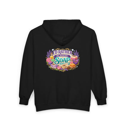 Black zip up hoodie with 'I'd Rather Be Making Soap' graphic on the back
