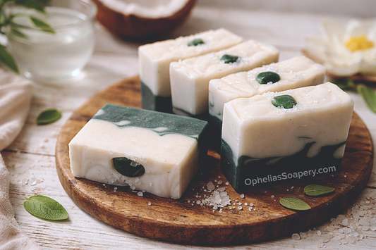 Handmade soap bars with green leaves on a wooden board, branded 'Ophelia's Soapery'.