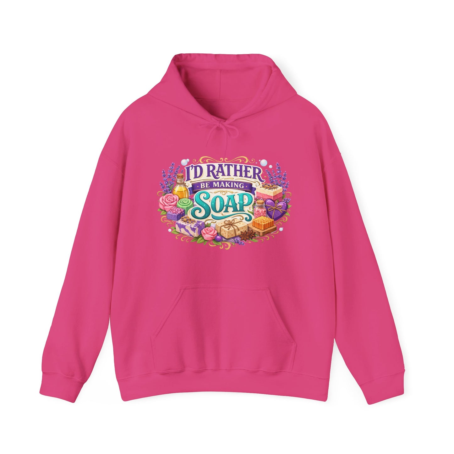 Fuchia colored hoodie with soap illustrations that says I’d rather be making soap