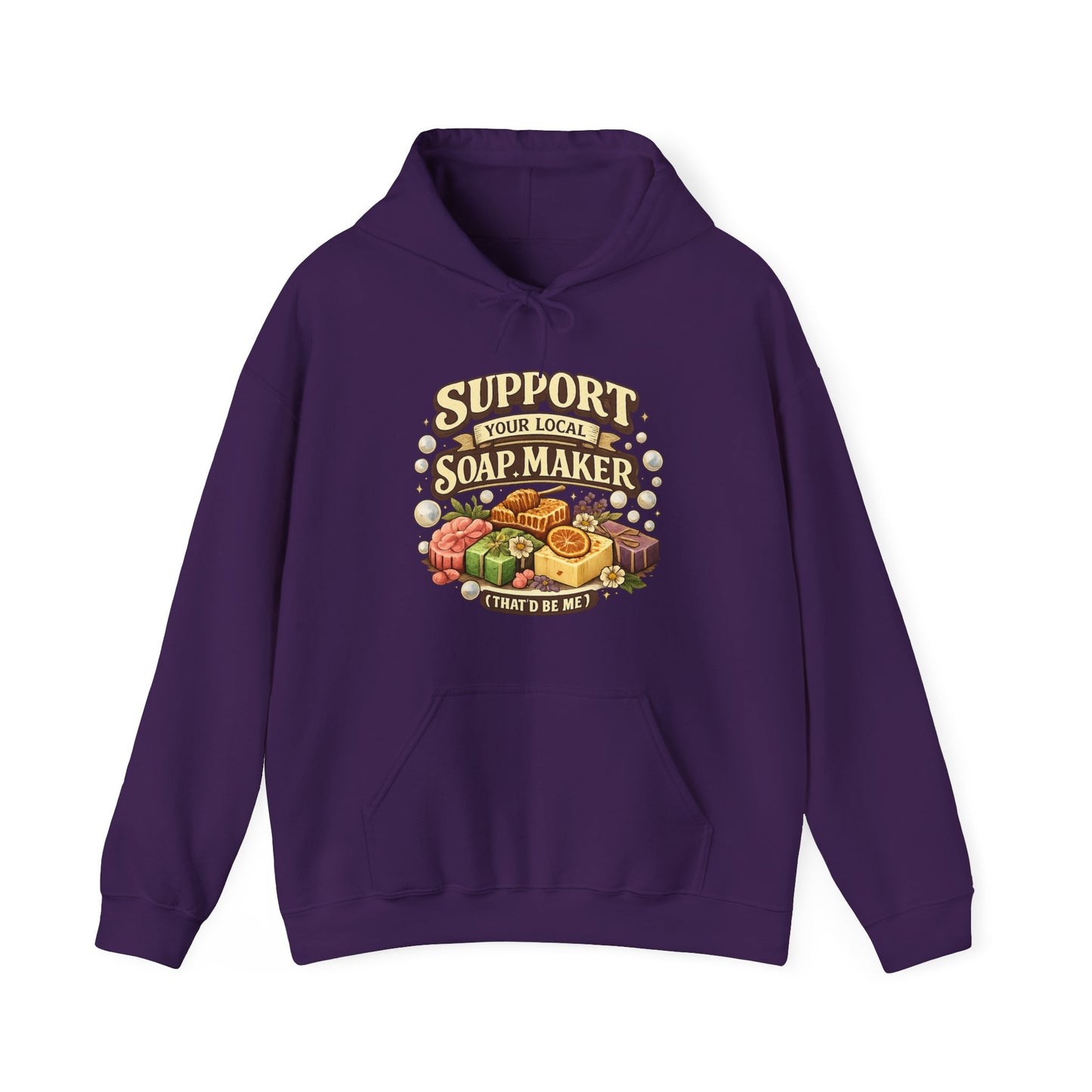 Purple colored hoodie that says Support your local soap maker ( that’d be me)