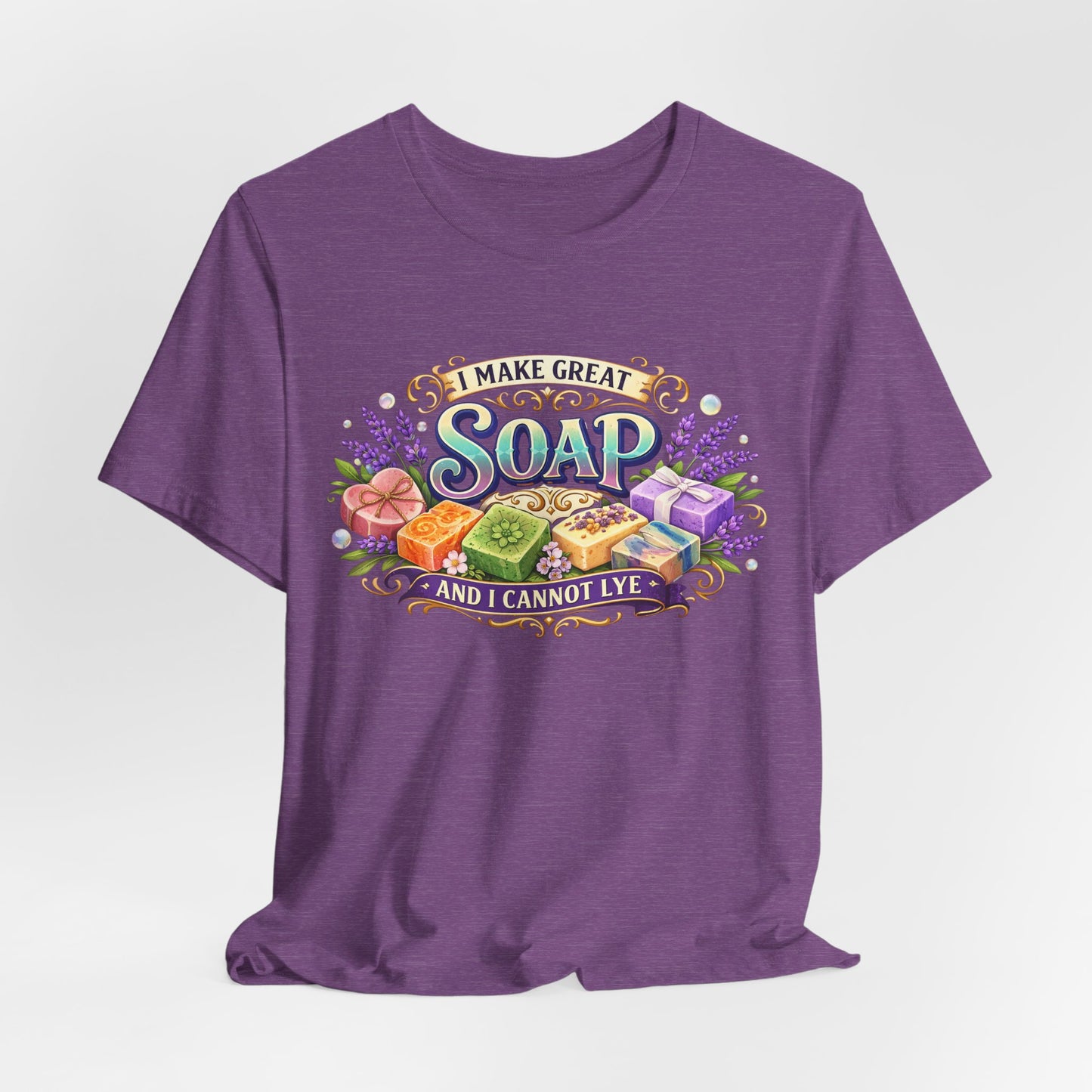 The purple t-shirt features a colorful illustration advertising handmade soap, reading "I make great soap and I cannot lye."
