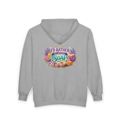 Gray zip up hoodie with 'I'd Rather Be Making Soap' graphic on the back