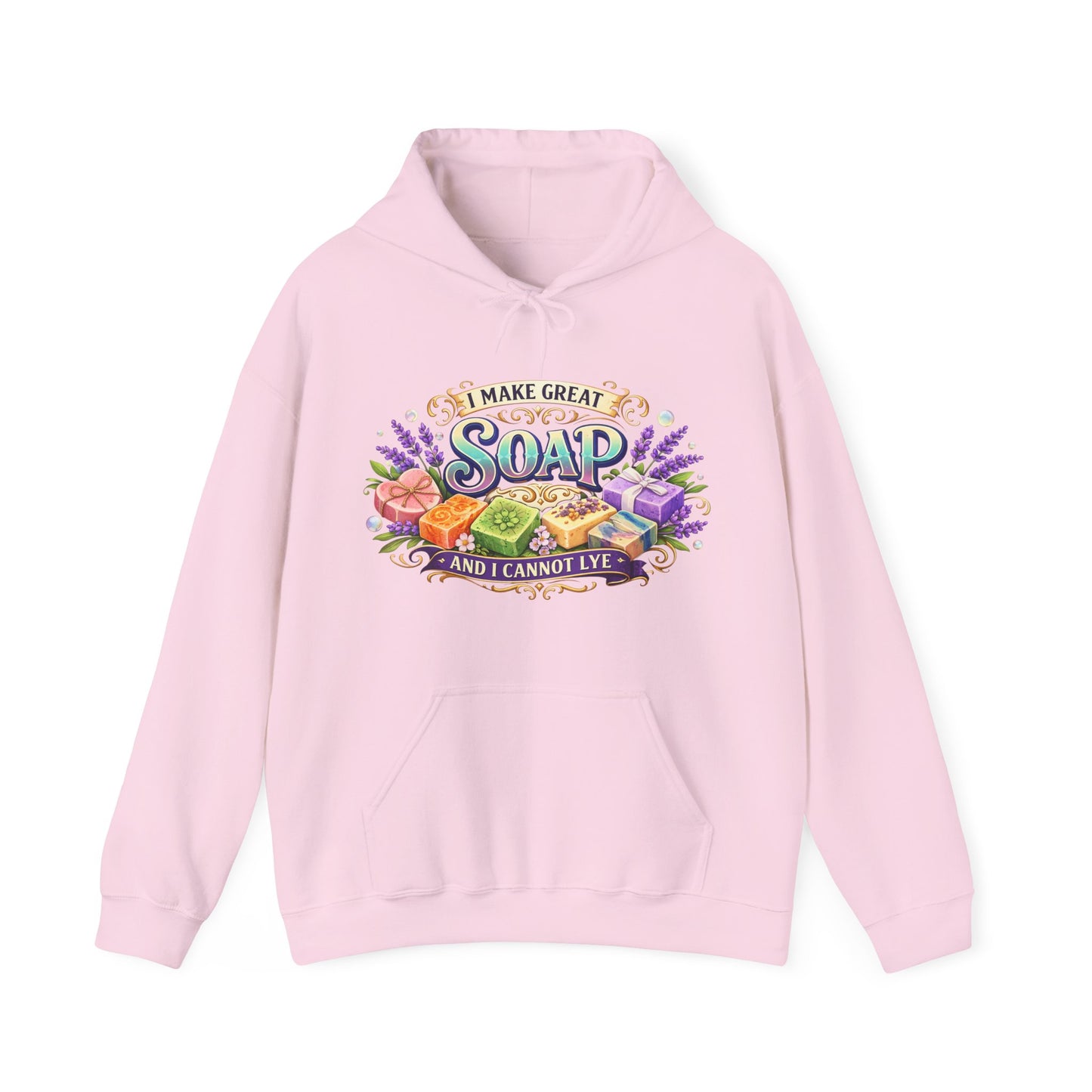 Light pink colored hoodie with soap illustrations that says I make great soap and I cannot lye