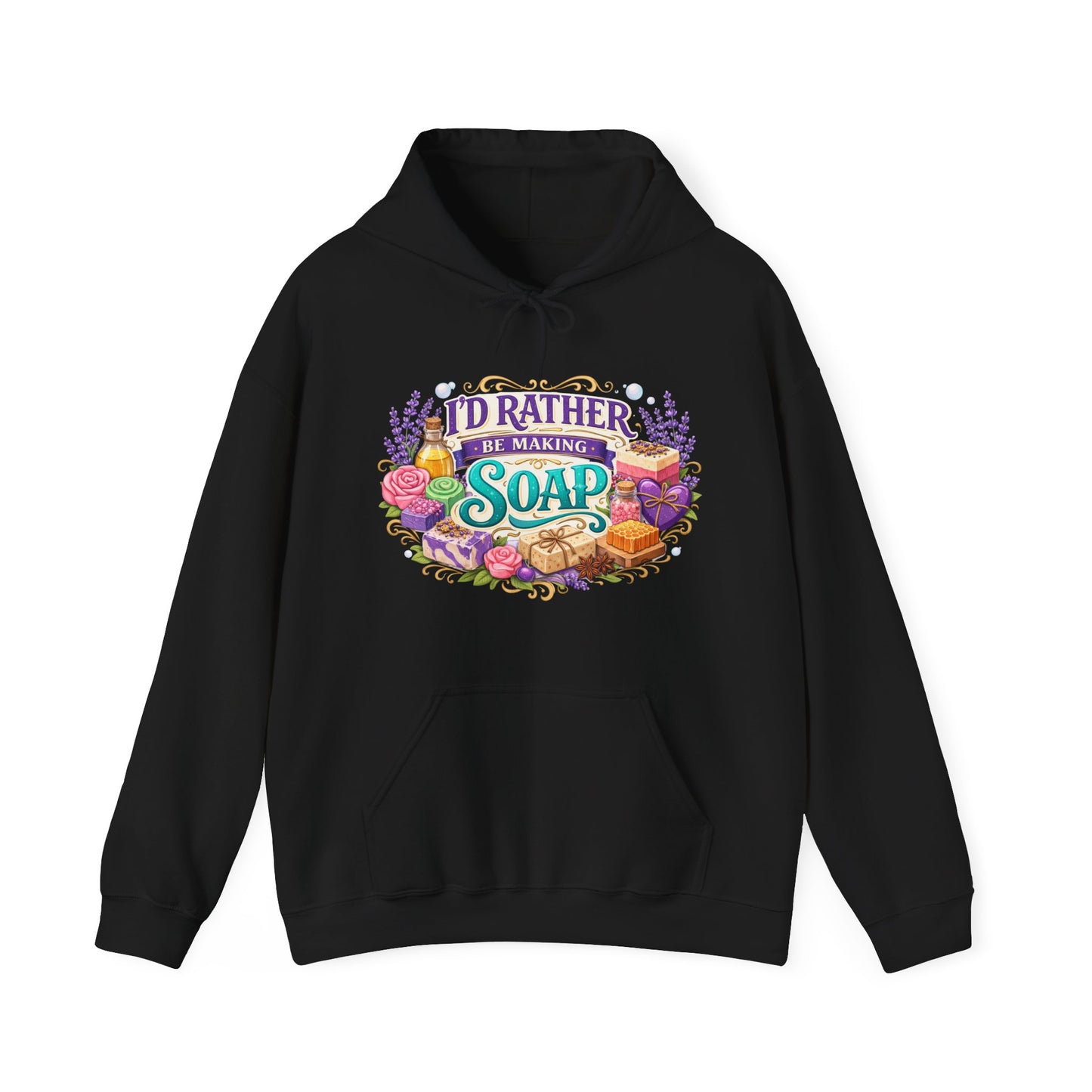 Black colored hoodie with soap illustrations that says I’d rather be making soap