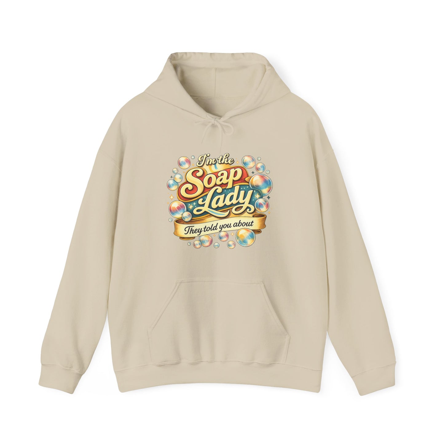 Beige hoodie with colorful graphic and text on a white background