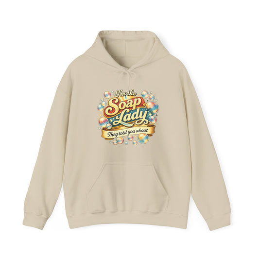 Beige hoodie with colorful graphic and text on a white background