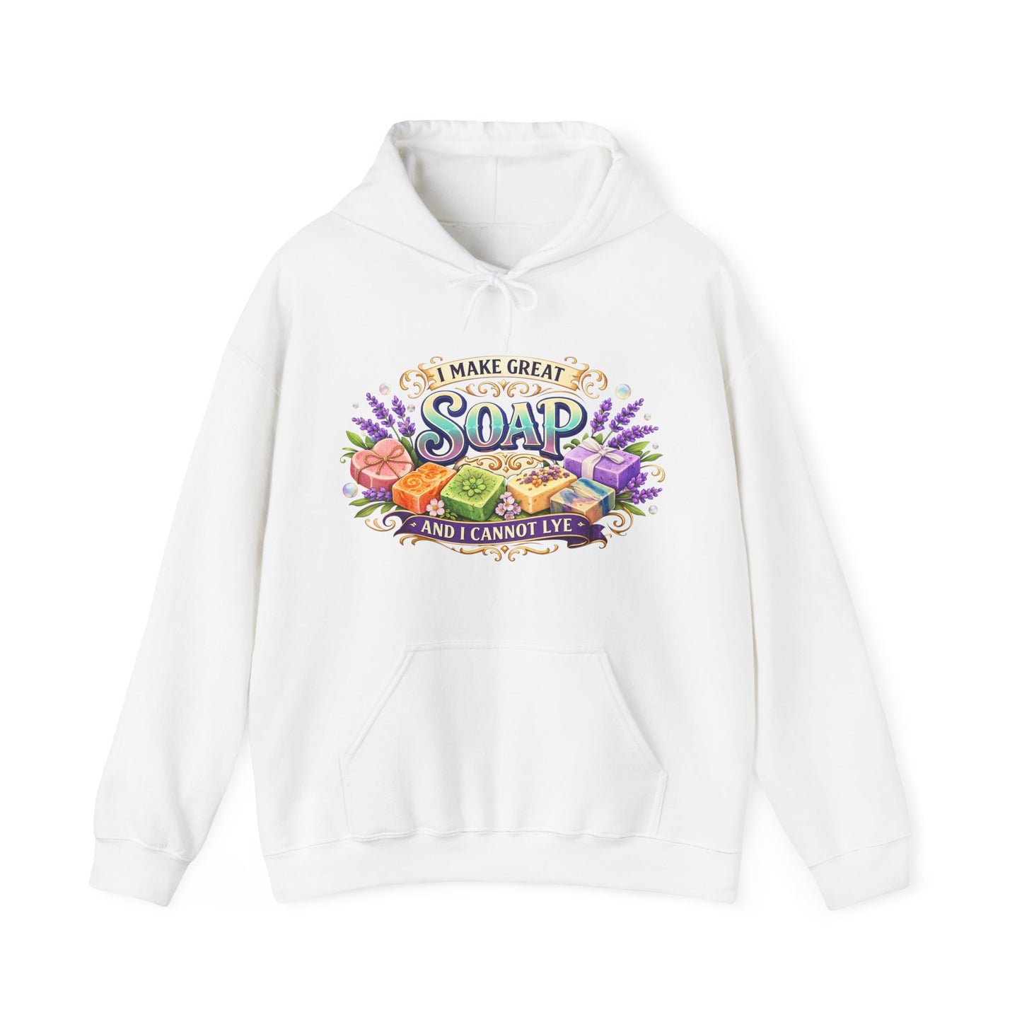 White colored hoodie with soap illustrations that says I make great soap and I cannot lye