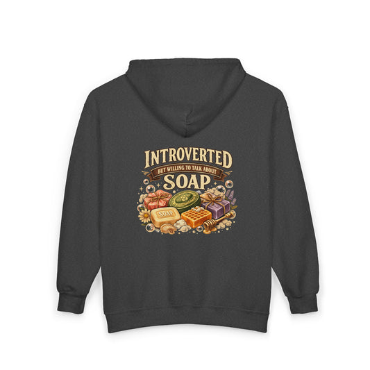 Black hoodie with 'Introverted but willing to talk about soap' graphic on the back