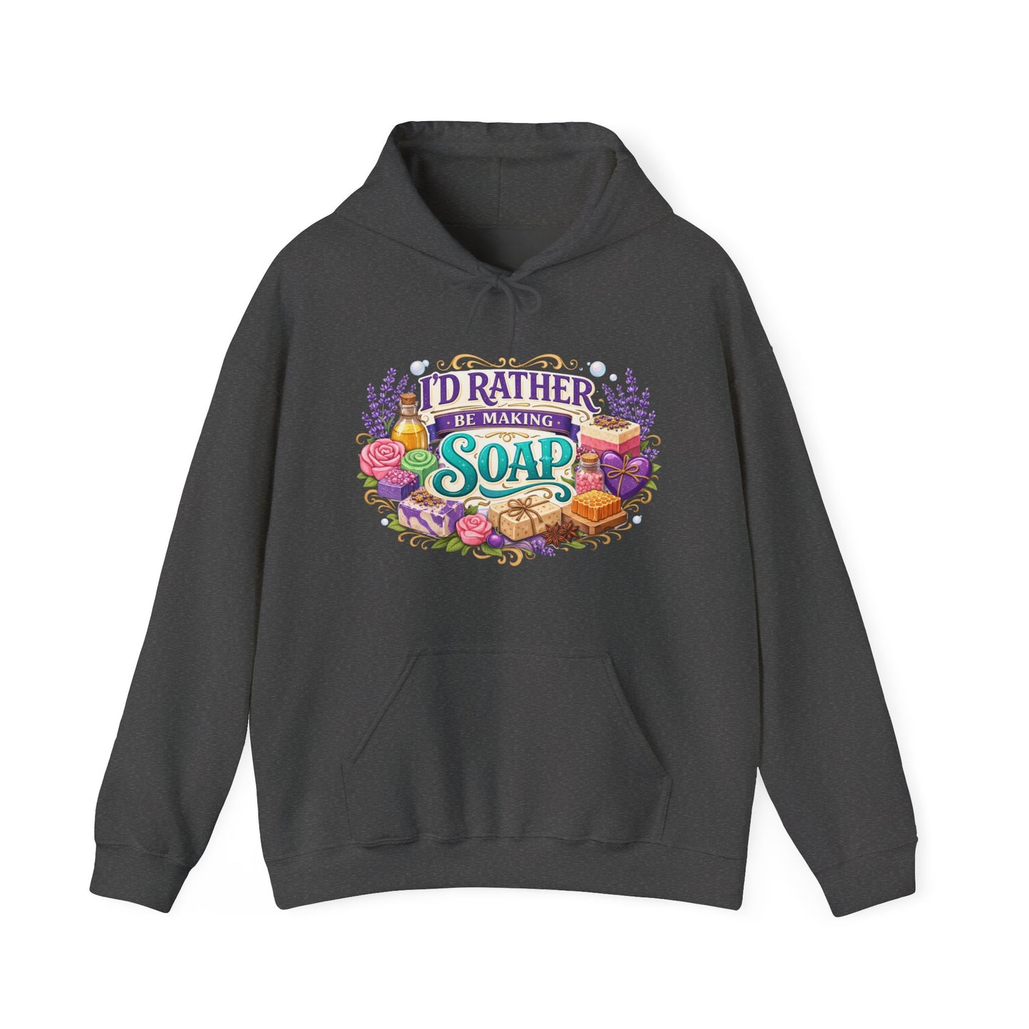 Dark grey colored hoodie with soap illustrations that says I’d rather be making soap