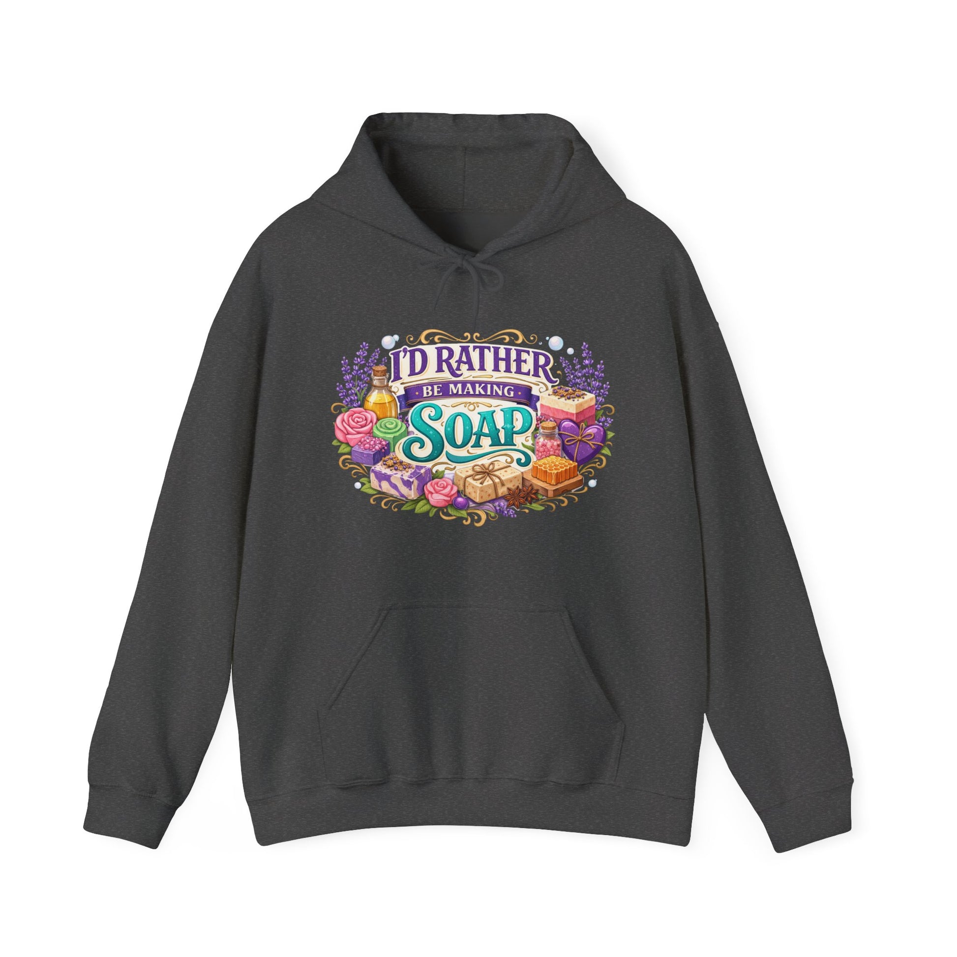 Dark grey colored hoodie with soap illustrations that says I’d rather be making soap