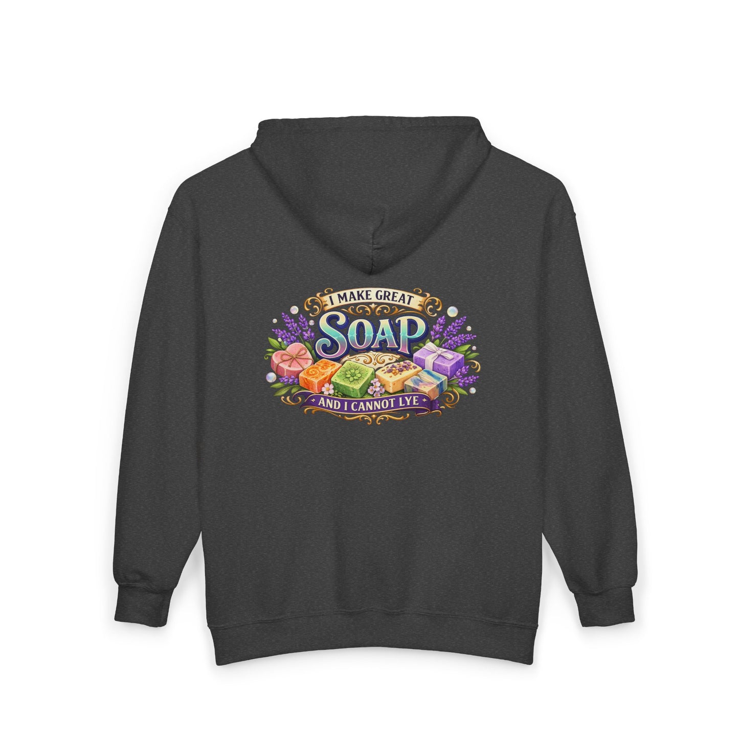 Black hoodie with colorful graphic design on the back featuring soap bars and text that says I make great soap and I cannot lye. 