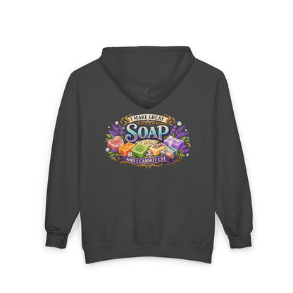 Black hoodie with colorful graphic design on the back featuring soap bars and text that says I make great soap and I cannot lye. 