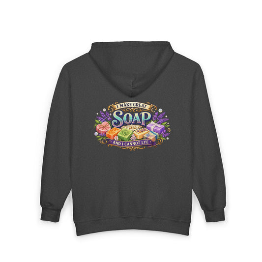 Black hoodie with colorful graphic design on the back featuring soap bars and text that says I make great soap and I cannot lye. 