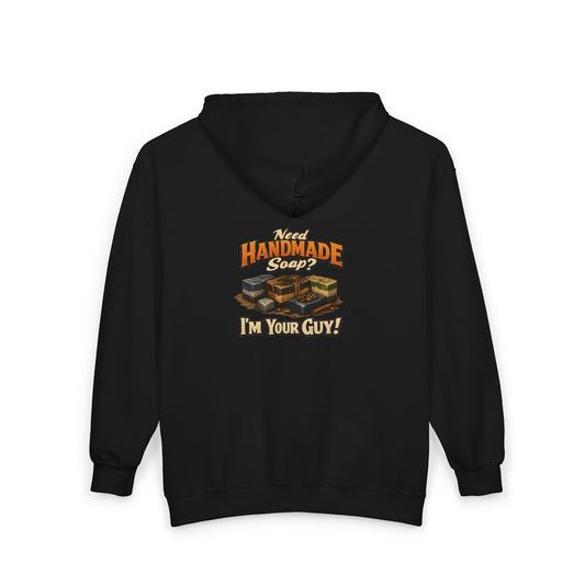 Black hoodie with a graphic design on the back featuring text and images of soap that says need handmade soap? I’m your guy!