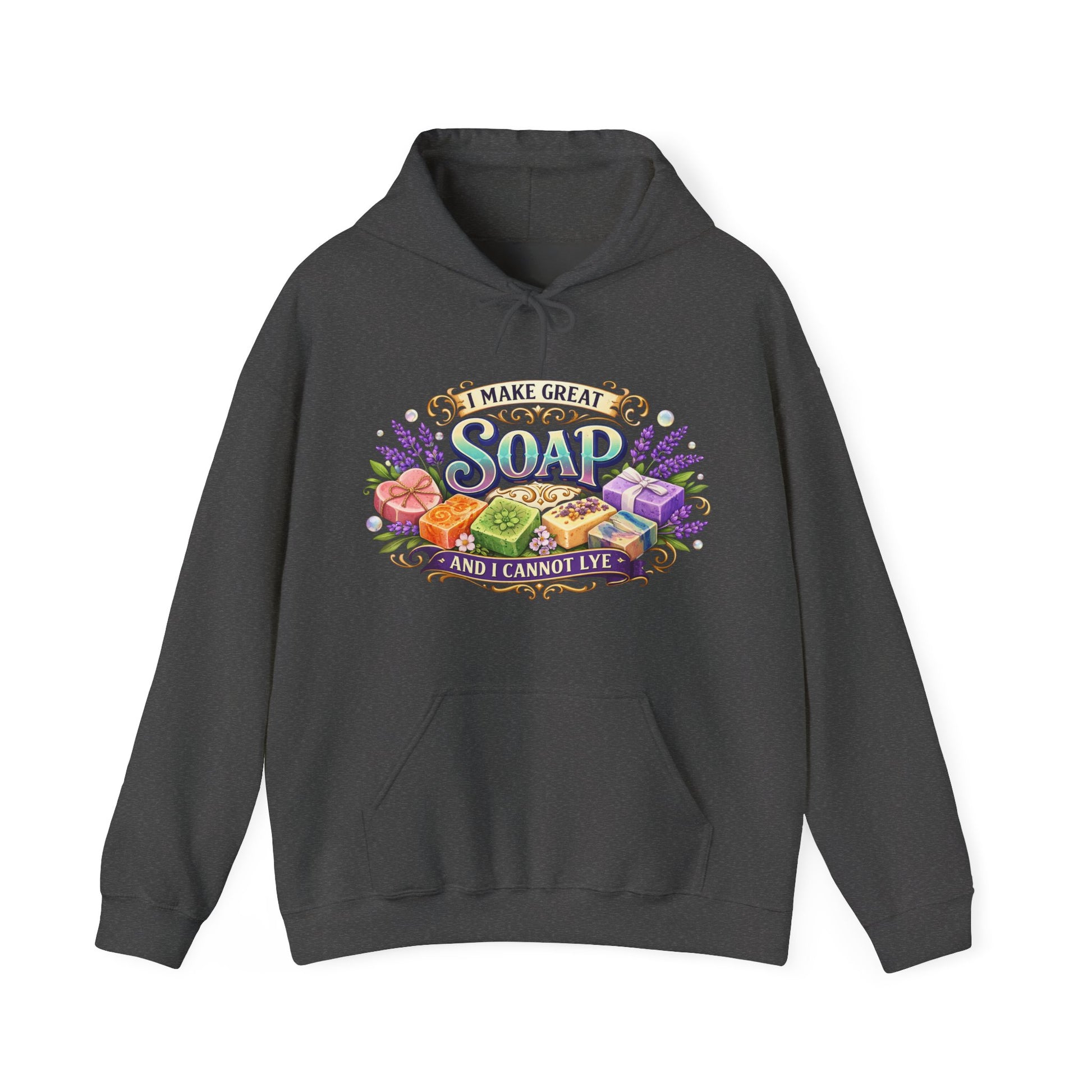 Dark heather grey colored hoodie with soap illustrations that says I make great soap and I cannot lye