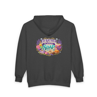 Dark grey zip up hoodie with 'I'd Rather Be Making Soap' graphic on the back