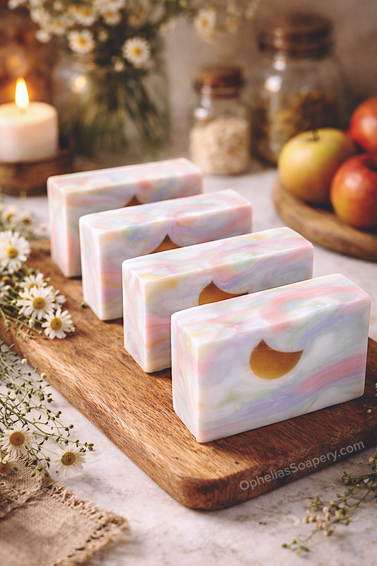 Four bars of colorful soap on a wooden board with a candle and apples in the background.