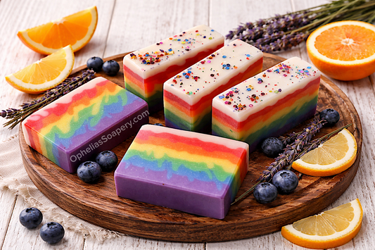 Colorful soap bars with rainbow patterns on a wooden board with fruit and lavender.