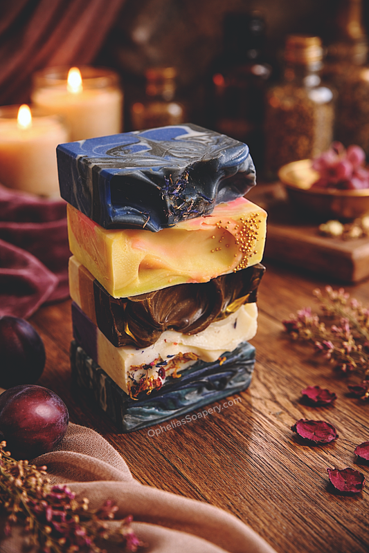 Stack of 5 homemade soaps on wood playter