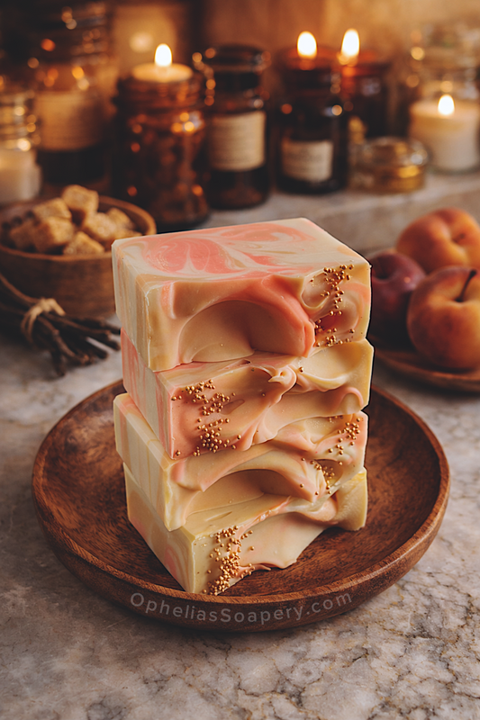 Stack of layered soap bars on a wooden plate with candles and jars in the background