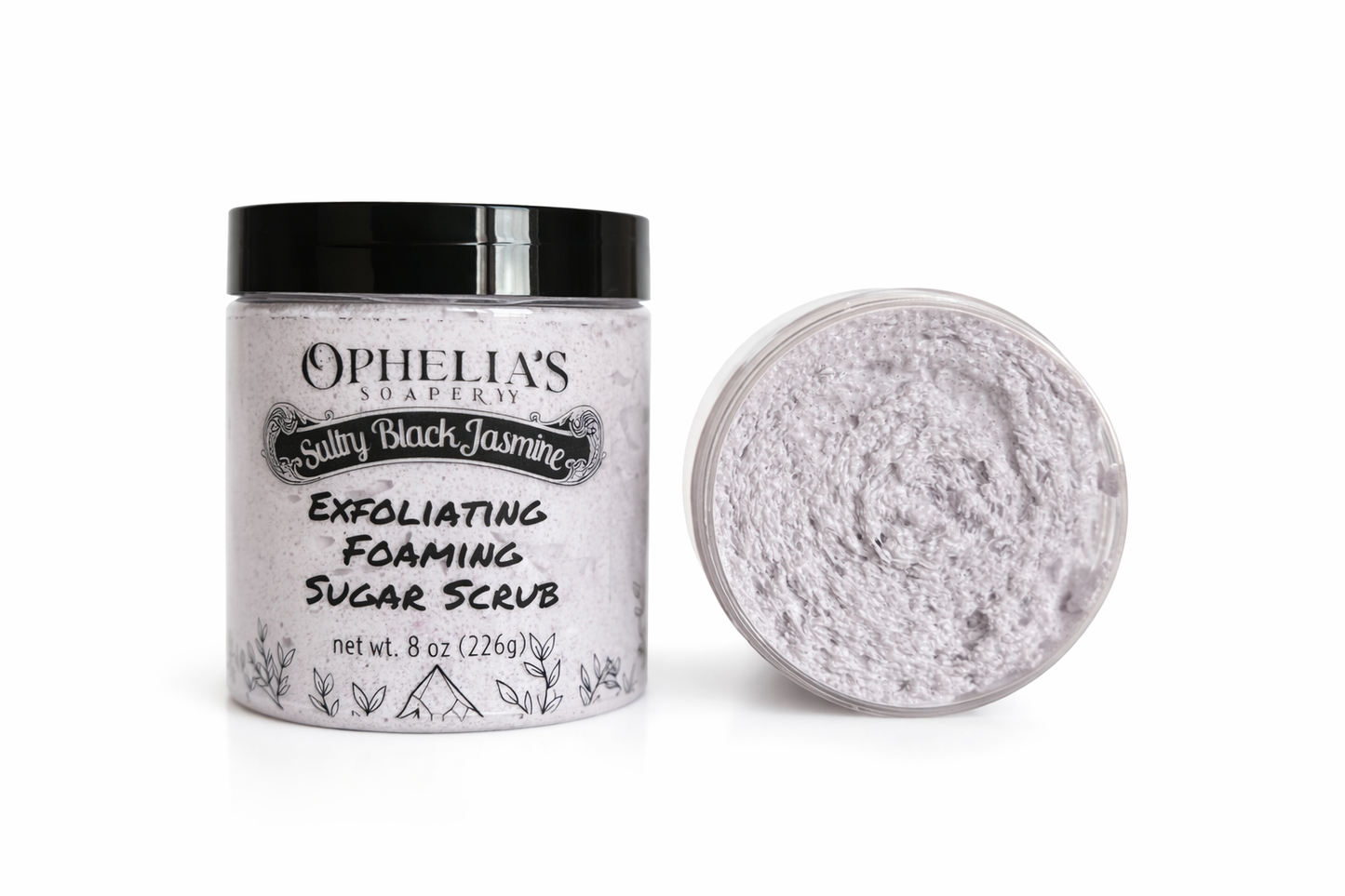 Ophelia's Salty Black Jasmine Exfoliating Foaming Sugar Scrub with open container on white background