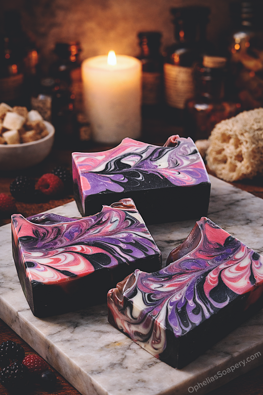 Three marbled soap bars on a marble surface with a candle and bottles in the background.