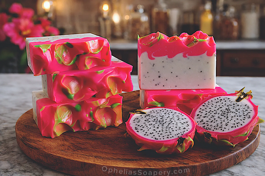 Dragon fruit-themed soap bars on a wooden board with blurred background