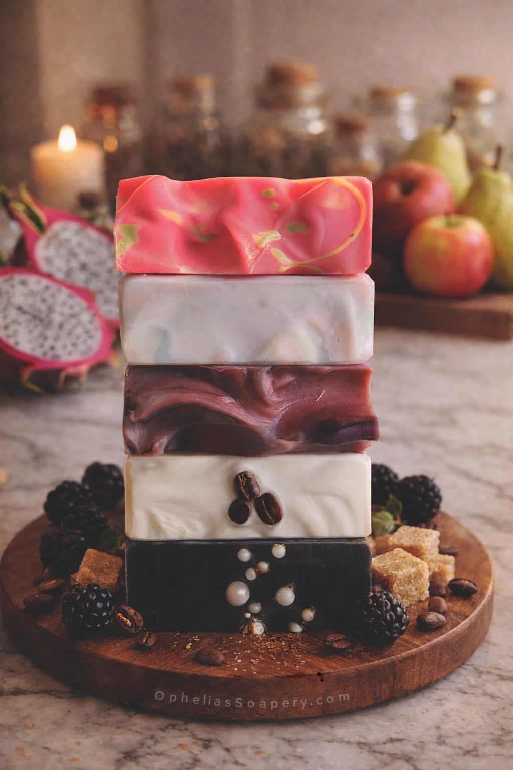 Stack of colorful soap bars on a wooden board with fruits and candies in the background