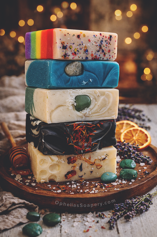 Stack of colorful soap bars on a wooden plate with a blurred bokeh background